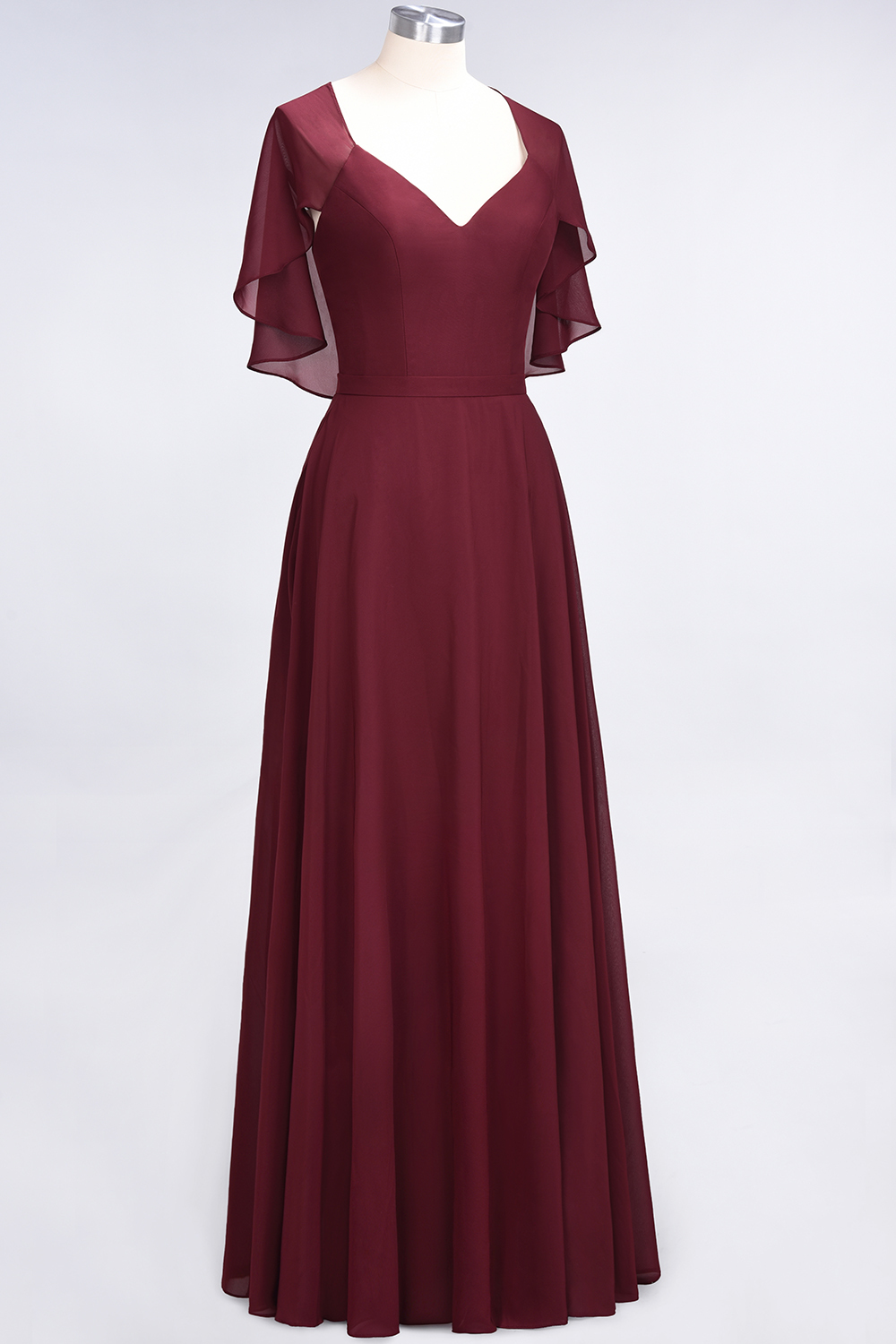 A-Line Chiffon Satin V-Neck short-sleeves Long Bridesmaid Dress UK-27Dress.co.uk