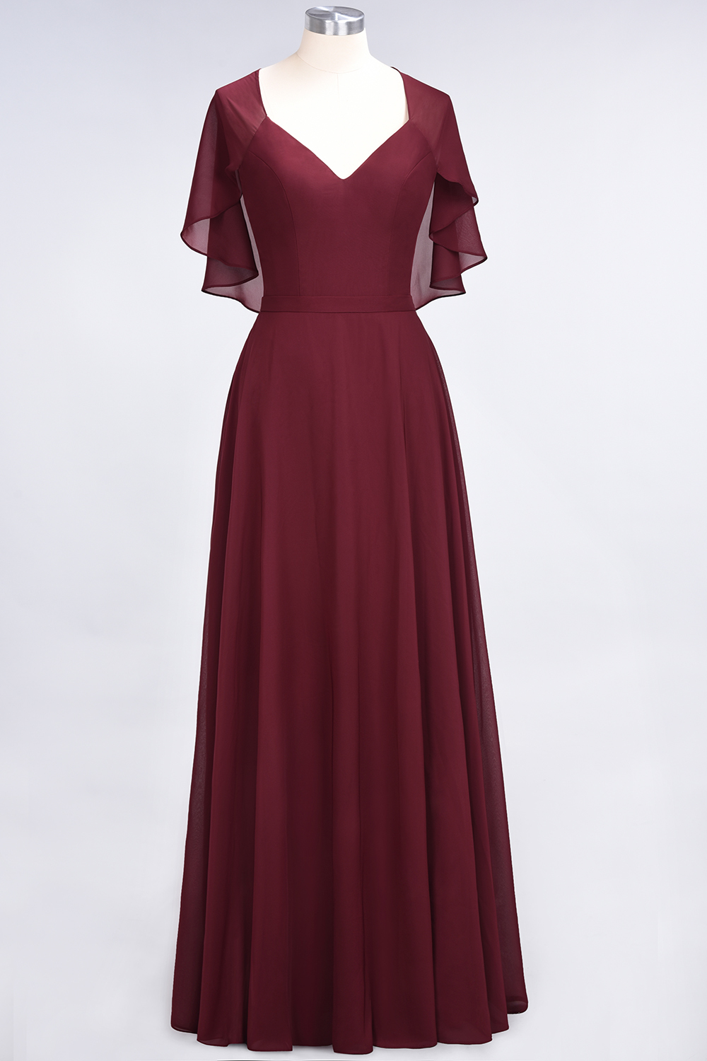 A-Line Chiffon Satin V-Neck short-sleeves Long Bridesmaid Dress UK-27Dress.co.uk