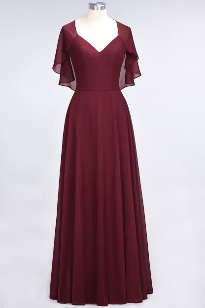 A-Line Chiffon Satin V-Neck short-sleeves Long Bridesmaid Dress UK-27Dress.co.uk