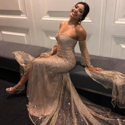 Strapless Golden Sequins Floor Length Sheath Evening Gowns with Sleeves