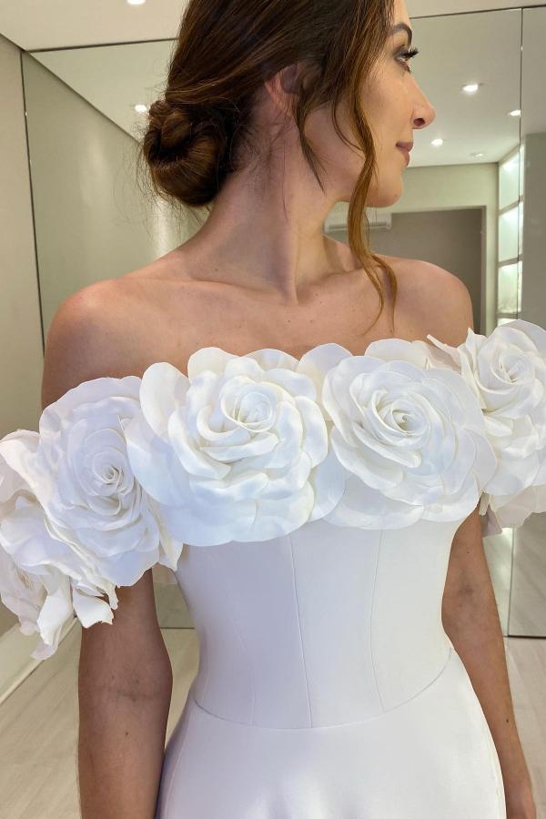 Off Shoulder Wedding Dresses Elegant Satin Bridal Gown Side Slit with 3D Flowers-27Dress.co.uk