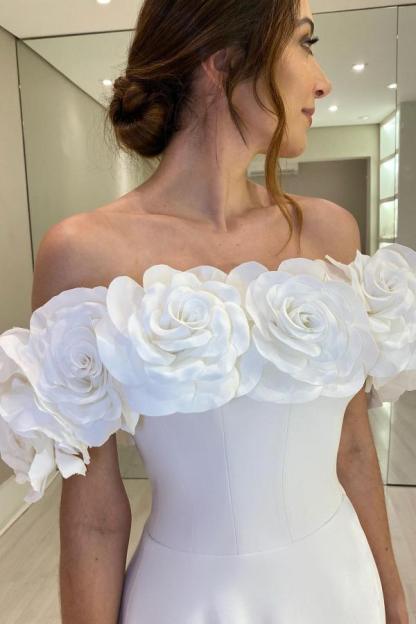 Off Shoulder Wedding Dresses Elegant Satin Bridal Gown Side Slit with 3D Flowers-27Dress.co.uk