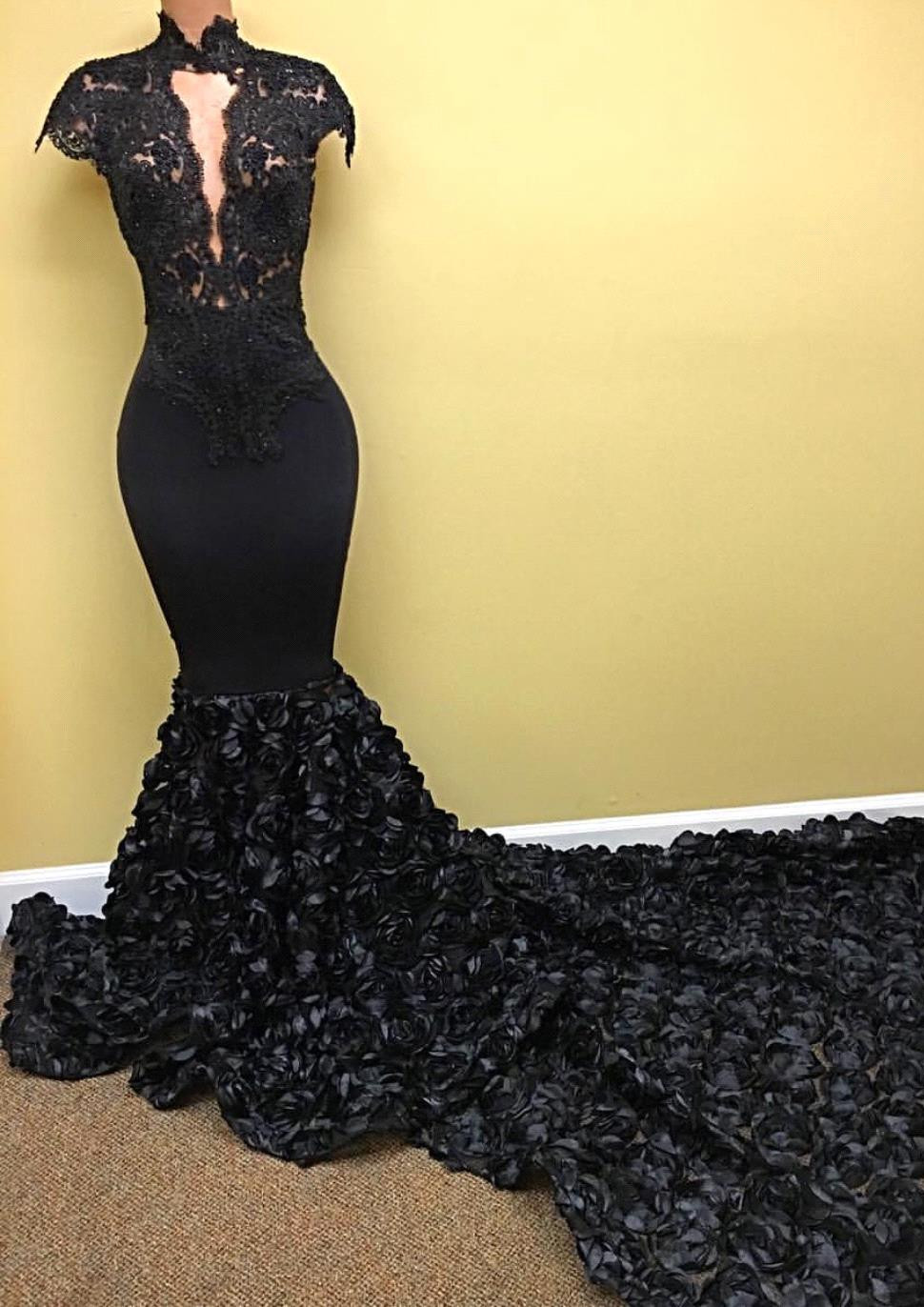 Amazing Black Cap Sleeve Prom Dress UK Lace Flowers Bottom Long Train