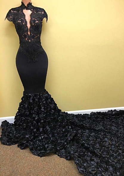 Amazing Black Cap Sleeve Prom Dress UK Lace Flowers Bottom Long Train