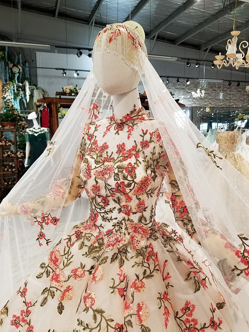 High Neck Chapel Train Applique Long Sleeves Ball Gown Prom Dress UK UK