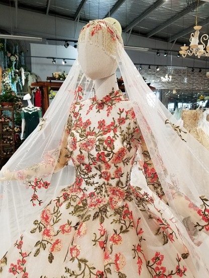 High Neck Chapel Train Applique Long Sleeves Ball Gown Prom Dress UK UK