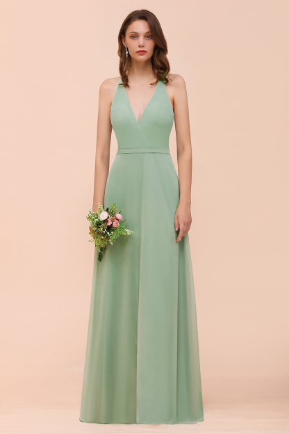 Dusty Sage V-Neck Bridesmaid Dress Glamorous Chiffon Long Wedding Guest Dress with Straps