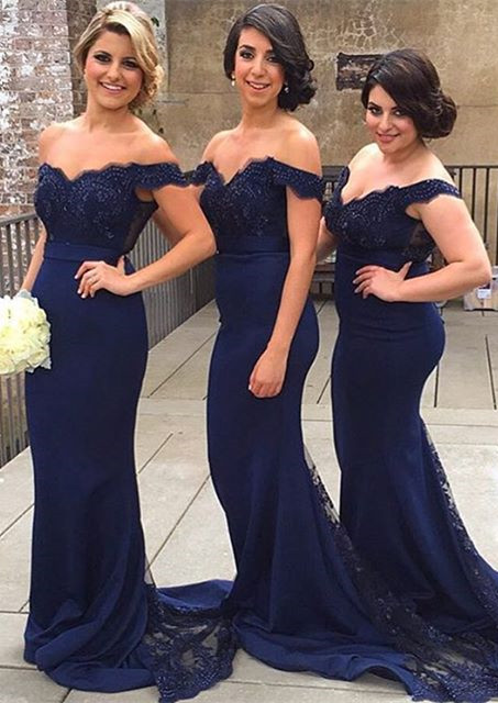 Elegant Off-the-shoulder Mermaid Lace Bridesmaid Dress UK Sweep Train JT144