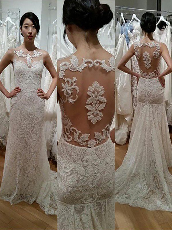 Scoop Neckline Sweep Train Sexy Mermaid Sleeveless Lace Wedding Dresses UK