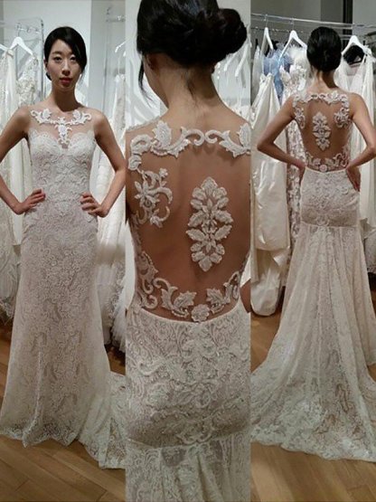 Scoop Neckline Sweep Train Sexy Mermaid Sleeveless Lace Wedding Dresses UK