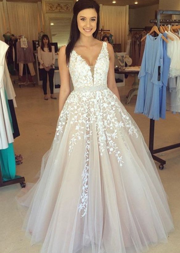 Luxury Sleeveless V-Neck Evening Dress UK Lace Appliques Tulle Online BA3252-27Dress.co.uk