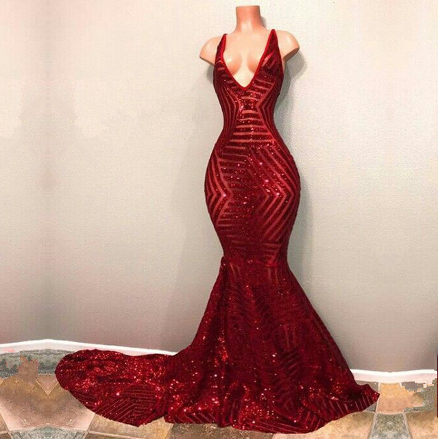 Elegant red sequins prom Dress UK, mermaid evening gowns