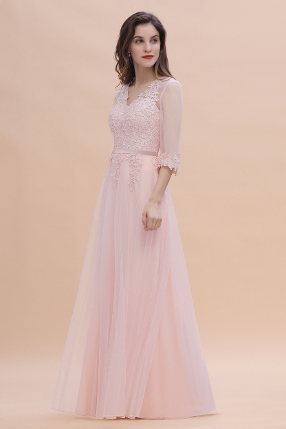 Elegant Half Sleves Pink Lace Tulle Bridesmaid Dress V-Neck Long Wedding Party Dress