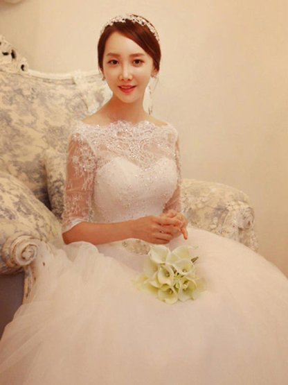 Tulle Ball Gown Beads Off-the-Shoulder 1/2 Sleeves Wedding Dresses UK