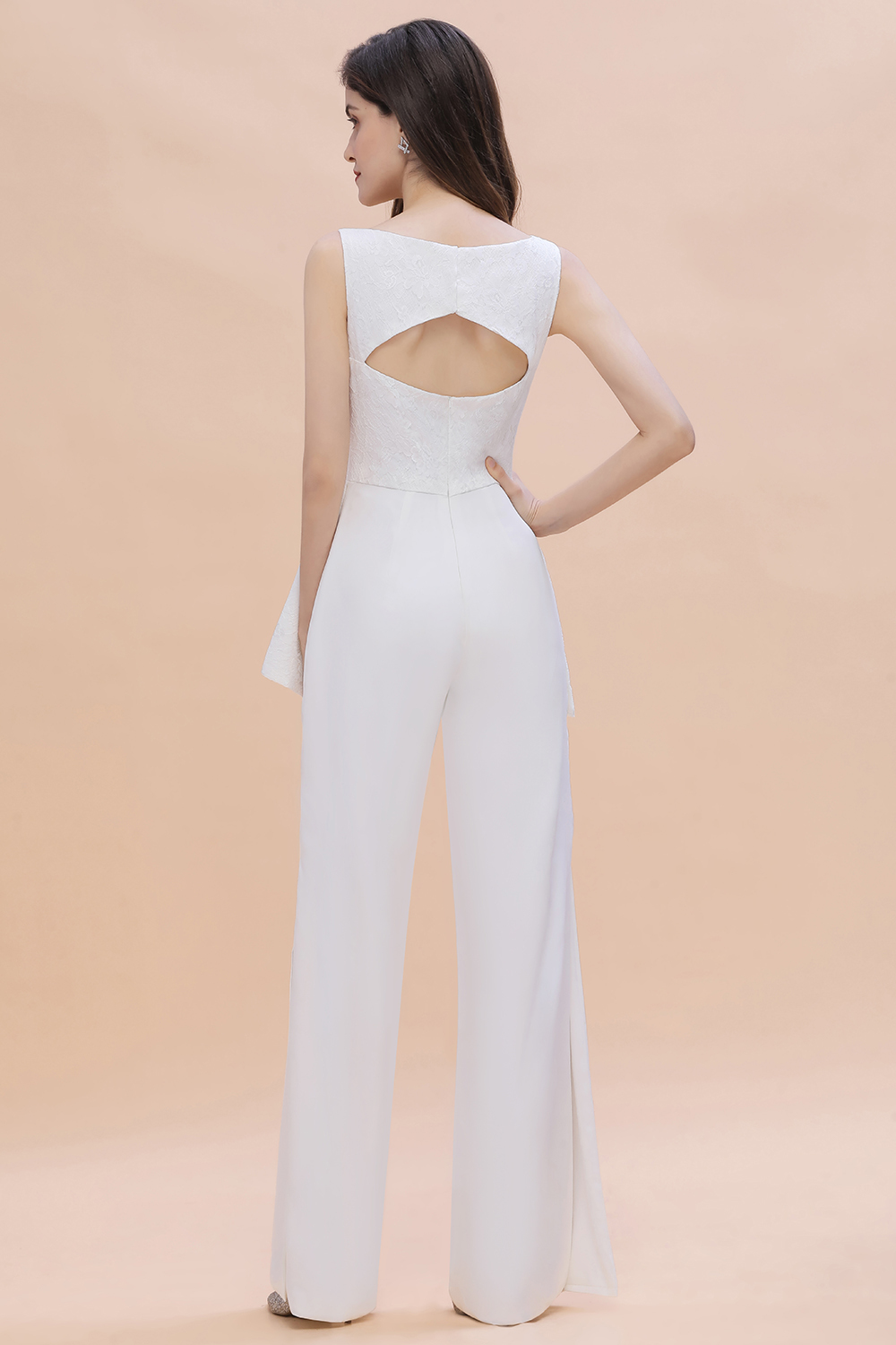 Simple V-neck Lace Bridesmaid Wear Jumpsuit with Side Slit