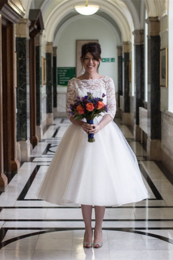 Zipper Fashion Designer Lace Tea-Length Tulle Wedding Dress-27Dress.co.uk