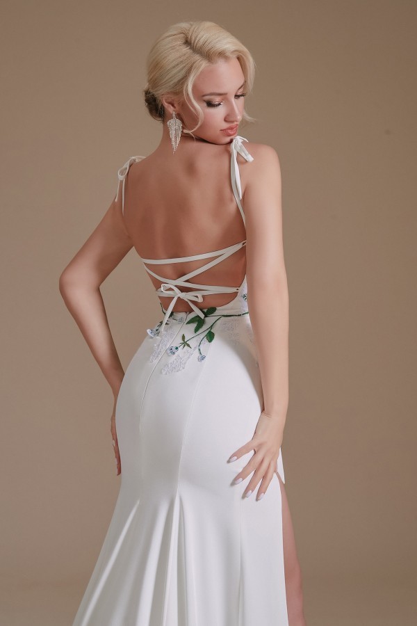 Spaghetti Straps Side Slit Wedding Dress with Leaves-27Dress.co.uk