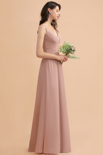 Beautiful Dusty Pink V-Neck Chiffon Bridesmaid Dress