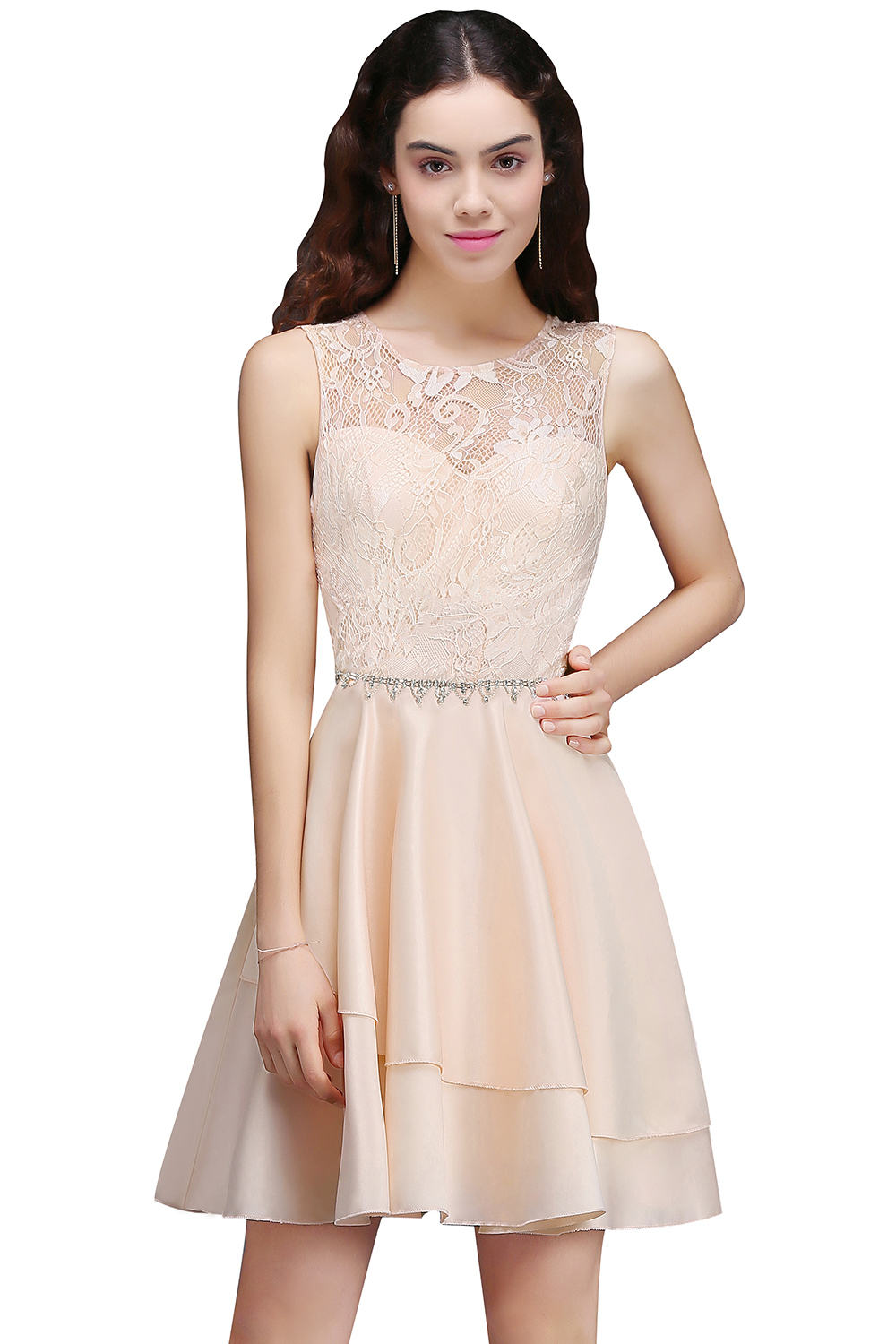 Sexy A-line Sleeveless Beading Tiers Lace Homecoming Dress UKes UK