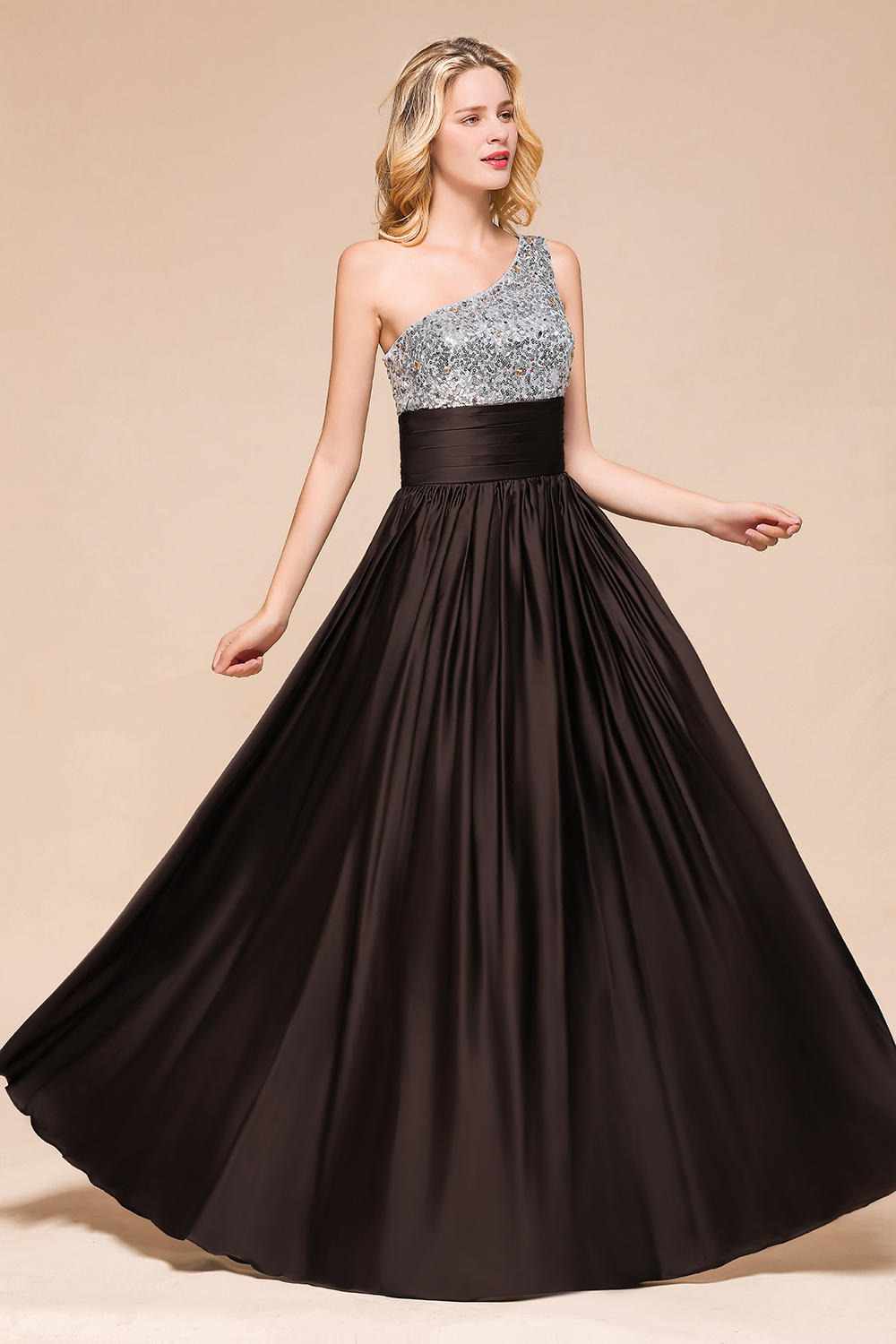 One Shoulder Glitter Seqions Long Bridesmaid Dress
