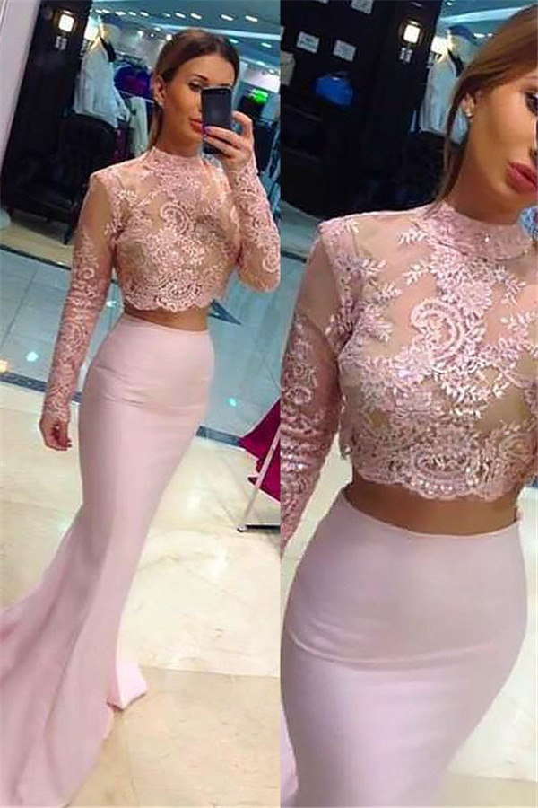 Sexy High Neck Lace Appliques Long Sleeves Prom Dress UKes UK Mermaid Pink Lace Two Piece Evening Dress UKes UK