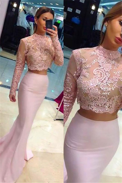 Sexy High Neck Lace Appliques Long Sleeves Prom Dress UKes UK Mermaid Pink Lace Two Piece Evening Dress UKes UK