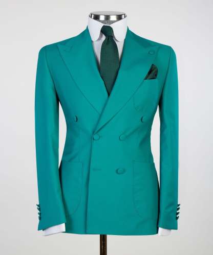 Floyd Chic Green Close Fitting Two Pieces Double Breasted Peaked Lapel Prom Suits