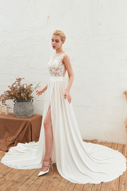 High split Cap Sleeve Wedding Dress with see-through Back-27Dress.co.uk