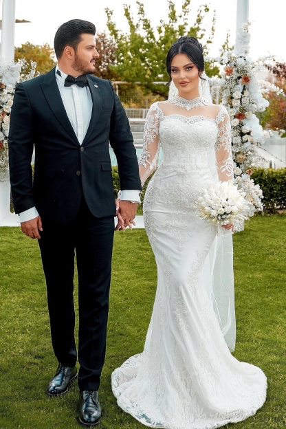 Sweetheart Appliques Lace Mermaid Wedding Dresses Long Sleeve