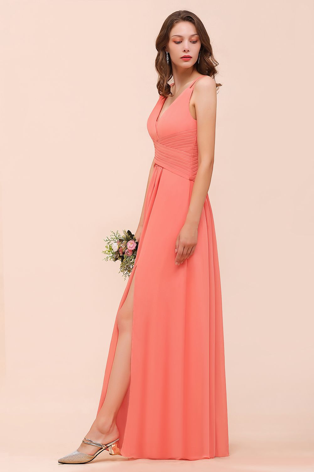 Elegant Coral A-line Side Split Bridesmaid Dress Sleeveless Long Chiffon Wedding Guest Dress