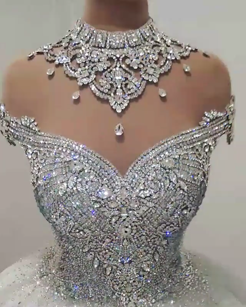 Glamorous High Neck Crystal Beads Ball Gown Wedding Dresses UK