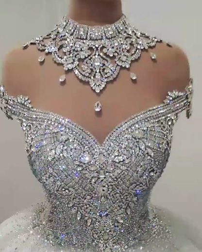 Glamorous High Neck Crystal Beads Ball Gown Wedding Dresses UK