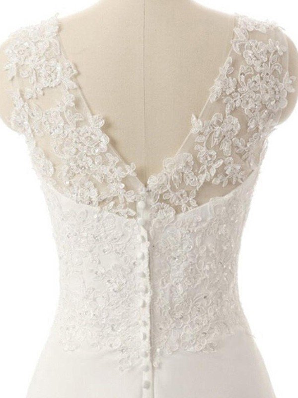 Sweep Train A-Line Lace V-Neck Sleeveless Wedding Dresses UK-27Dress.co.uk