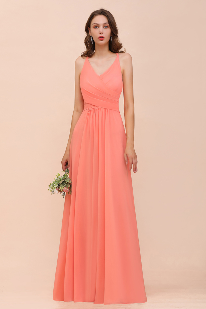Coral Bridesmaid Dress Ruffle Chiffon V-Neck Long Wedding Guest Dress