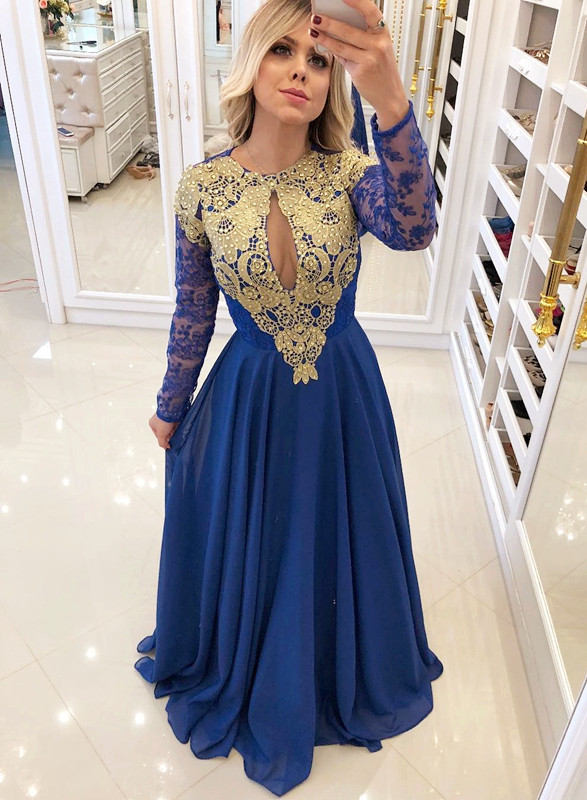 Sexy Royal Blue Evening Dress UK | Long Sleeve Lace Chiffon Prom Dress UK