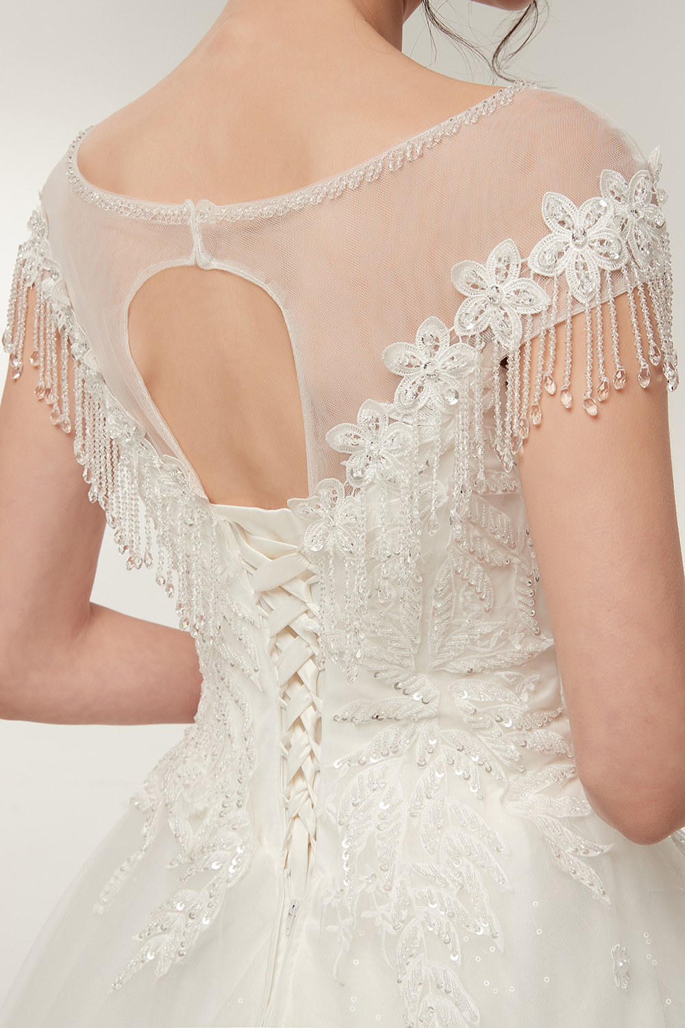 Cap Sleeves Scoop Tulle Lace Wedding Dress Aline Floor Length Crystals Bridal Dress