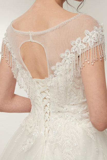 Cap Sleeves Scoop Tulle Lace Wedding Dress Aline Floor Length Crystals Bridal Dress