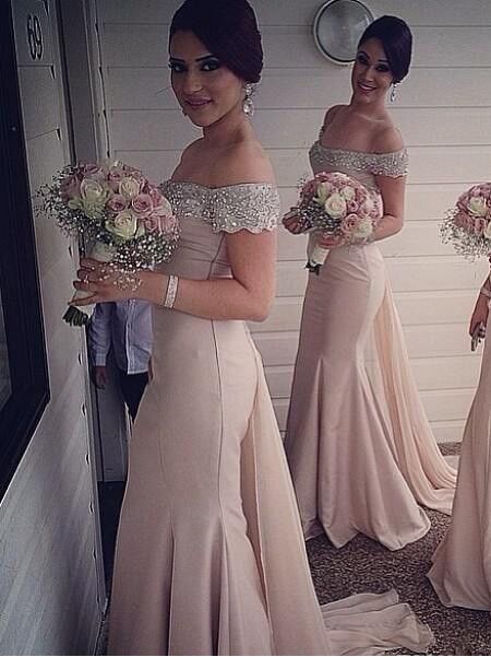 Elegant Off-the-shoulder Mermaid Bridesmaid Dress UK Beadings Sweep Train