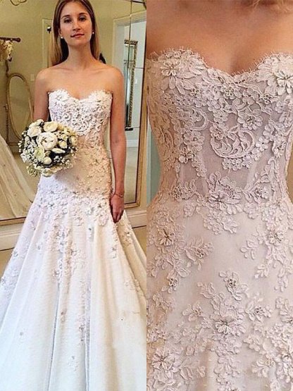 Sweetheart Lace Court Train A-Line Sleeveless Wedding Dresses UK