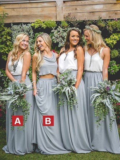 Two Piece Chiffon Long Bridesmaid Dress Sleevess Simple Wedding Party Dress