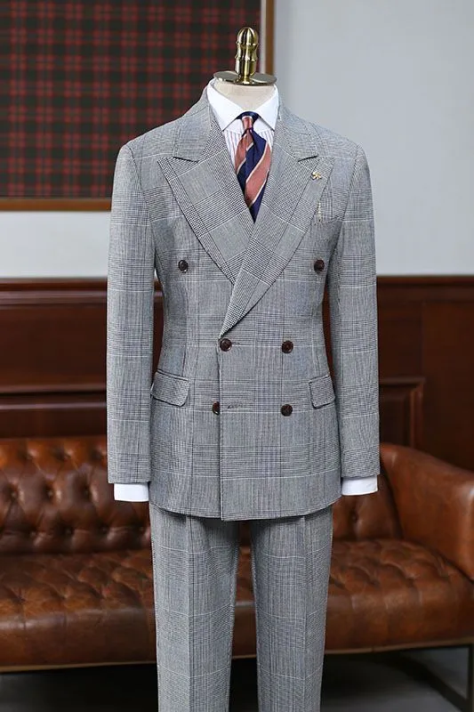Bespoke Double Breasted Gray Plaid Peaked Lapel Men's Business Suit