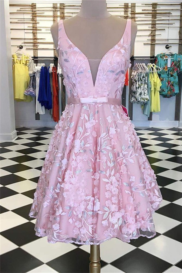 Illusion Appliques V-Neck Homecoming Dress