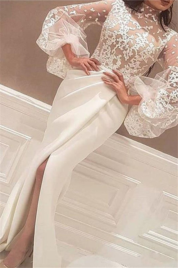 High Neck Lace Long Sleeves Prom Dress UKes UK Mermaid Ruffles Elegant Evening Dress UKes UK Sexy