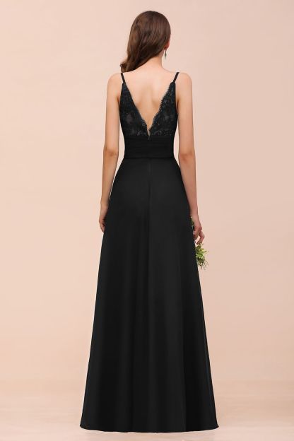 Sexy Deep V-Neck Long Black Bridesmaid Dress with Side Split