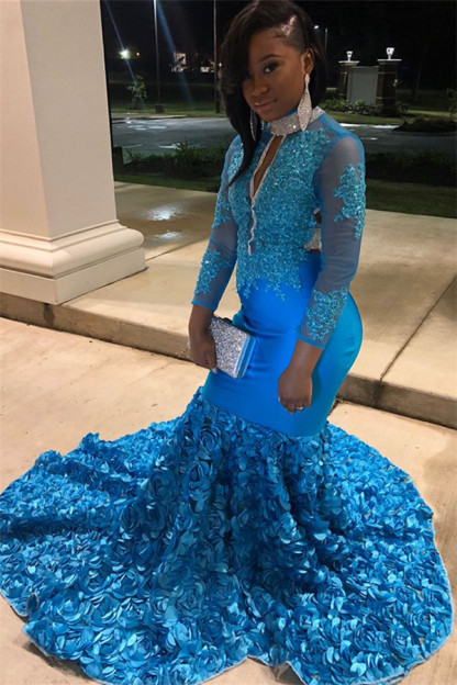 Simple Blue Sheer Tulle Long Sleeves Floral Lace Applique Elegant Trumpt Prom Dress UKes UK UK
