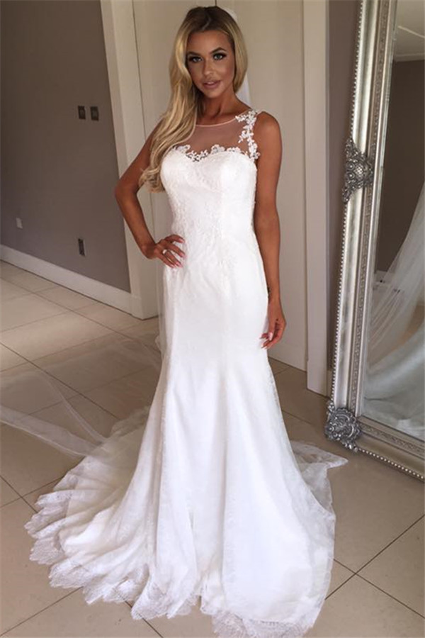 Elegant Sexy Mermaid Sleeveless Wedding Dress Lace Appliques Bridal Gowns