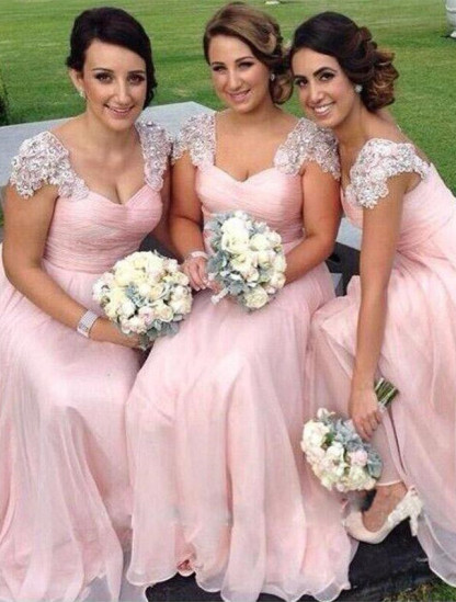 Gorgeous Cap Sleeve A-Line Bridesmaid Dress UK Long Chiffon With Beadings BA2639-27Dress.co.uk