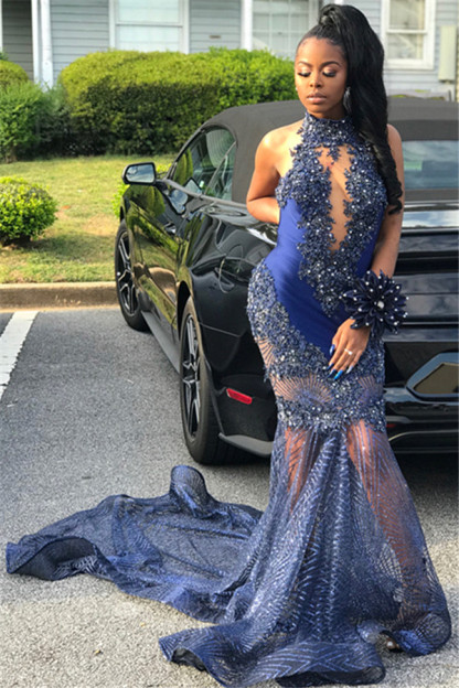 Elegant hot Mermaid Sleeveless High Neck Applique Prom Dress UKes UK UK
