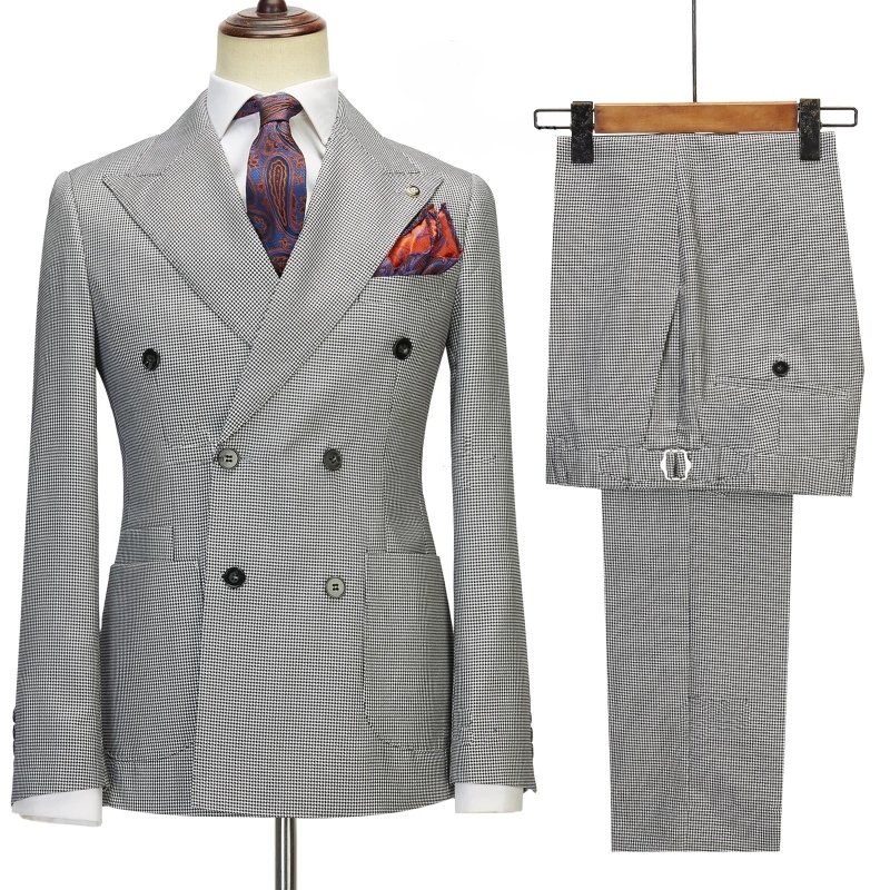 Mason Chic Black Peaked Lapel Double Breasted Plaid Prom Suits