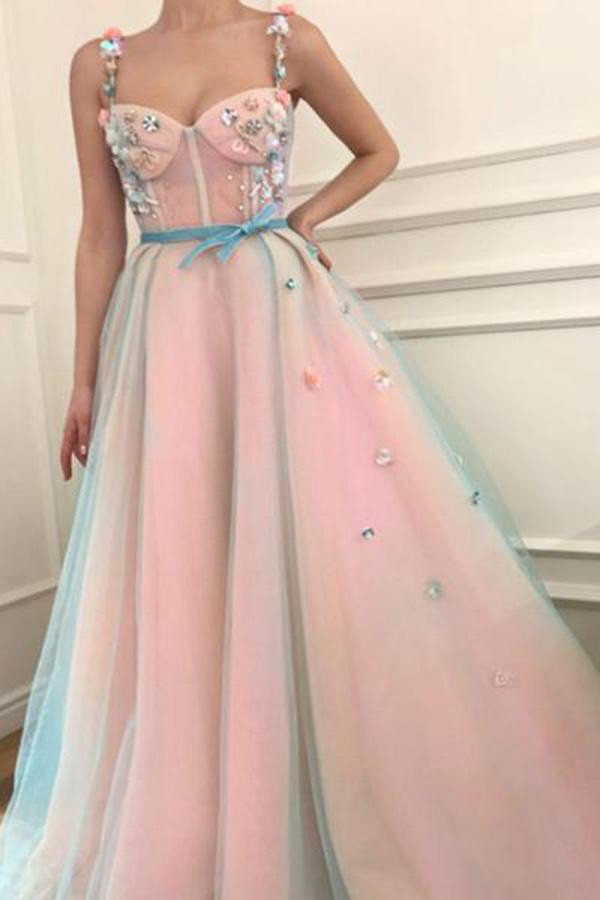 Sexy Flower Bowknot Spaghetti-Strap Prom Dress UKes UK Ribbons Sheer Sleeveless Evening Dress UKes UK with Beads